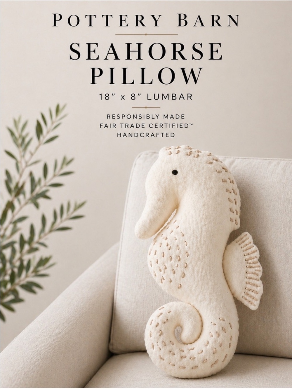 Pottery Barn Seahorse Lumbar Pillow 18x8 Ivory Coastal Decor NWT